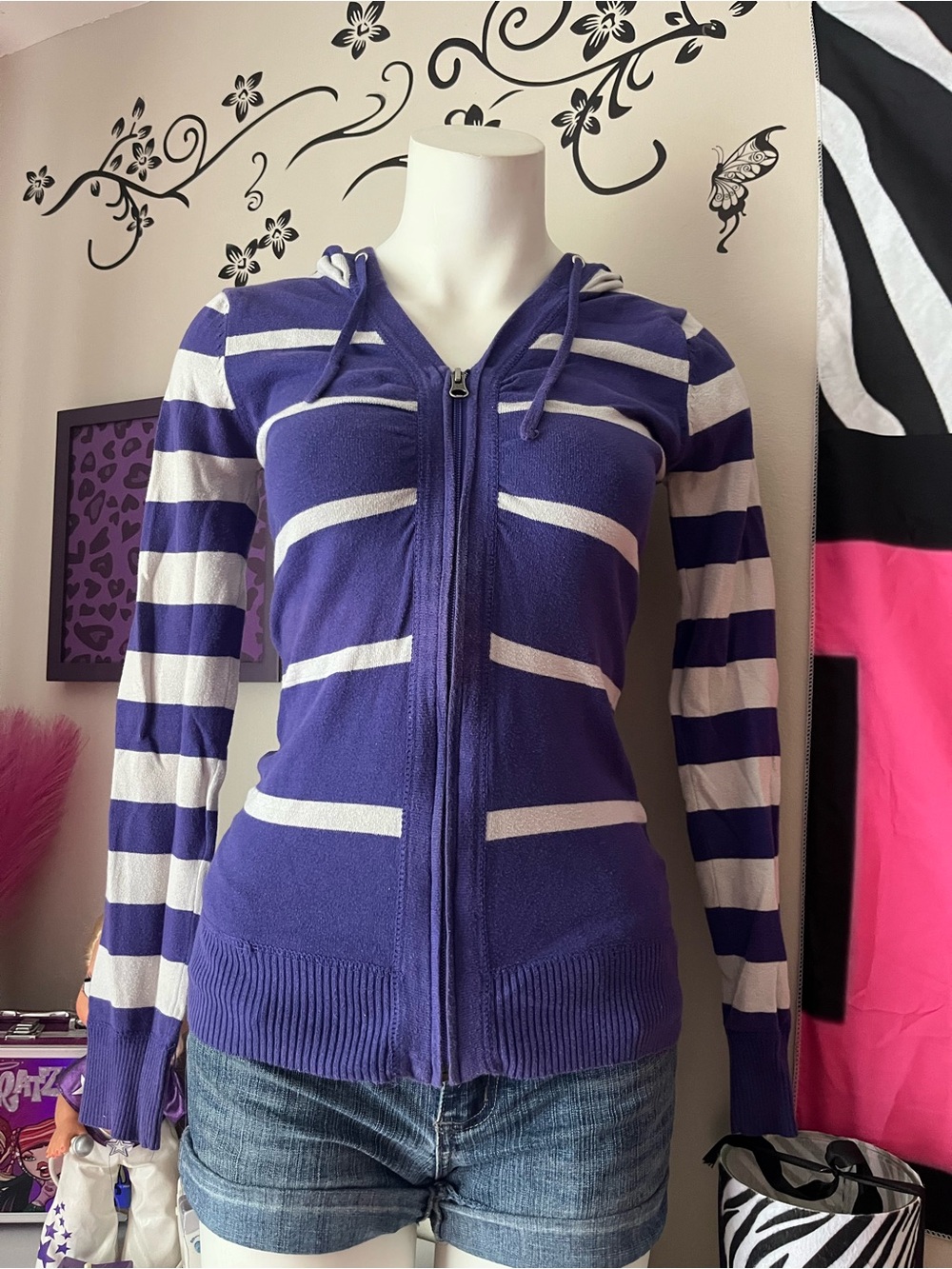 twik Purple and White Striped Zip Hoodie Cardigan